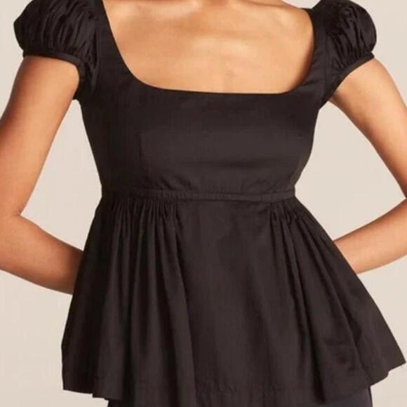 Rebecca Taylor Size 2 Puff Sleeve Blouse Black Cotton Peplum Square Neckline